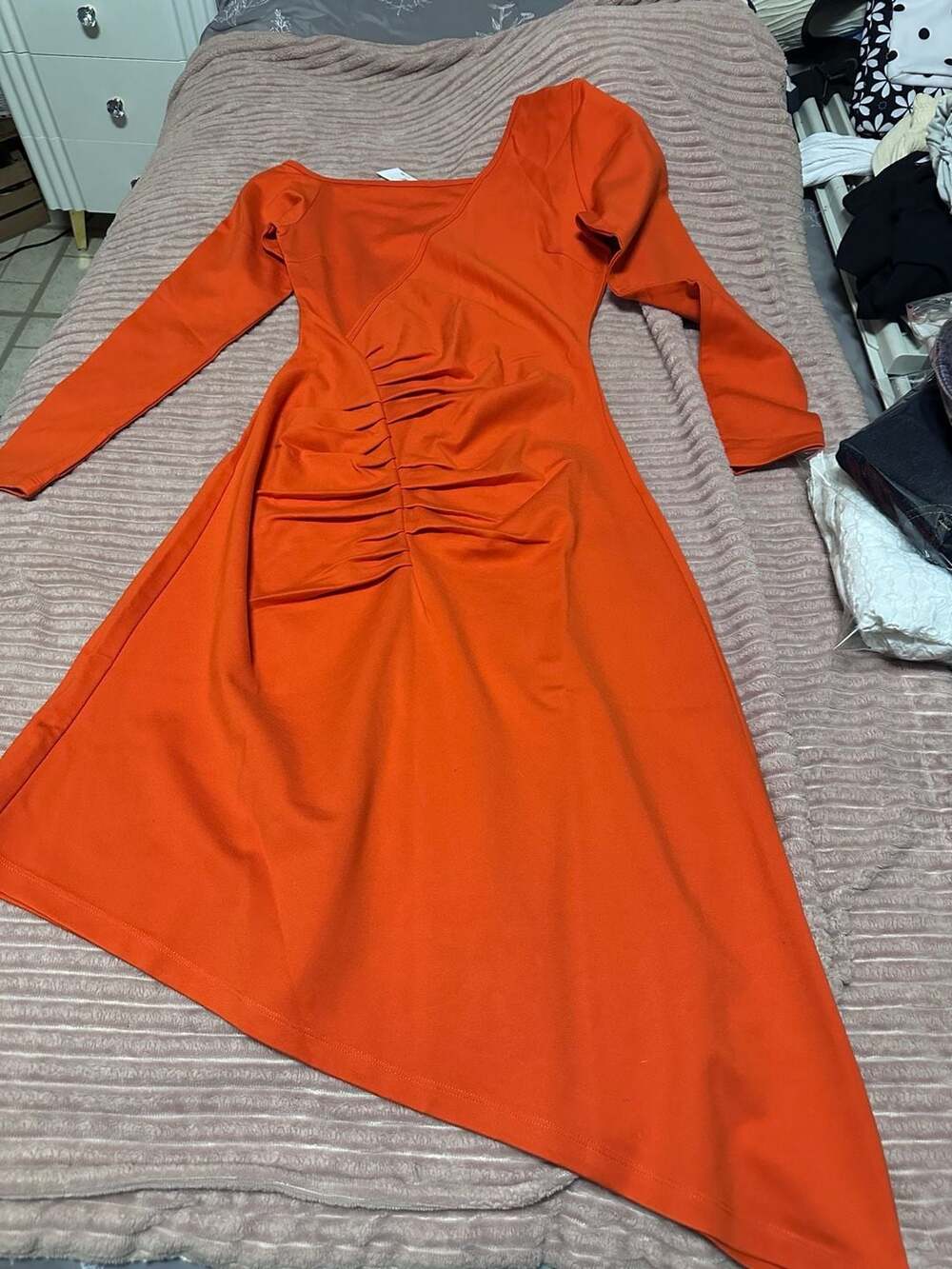 kass_stylz The Drop Orange Asymmetric Ruched Long Sleeve Midi Dress